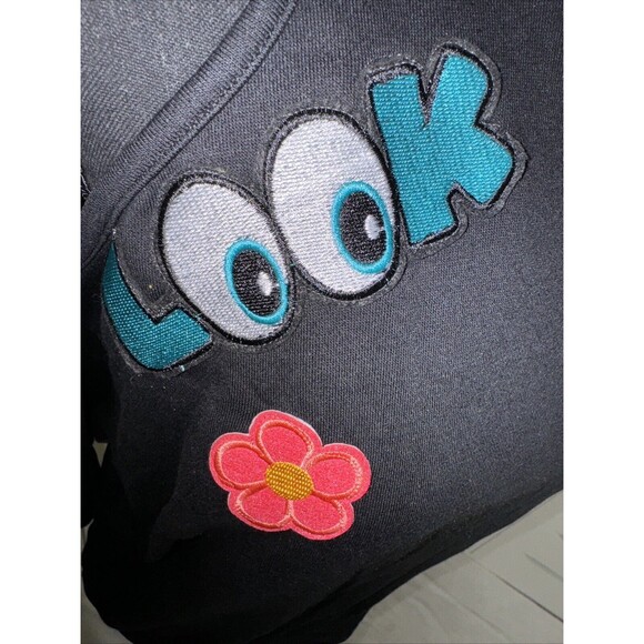 womens varsity y2k sweater black patches hip hop cold shoulder S - Picture 3 of 5